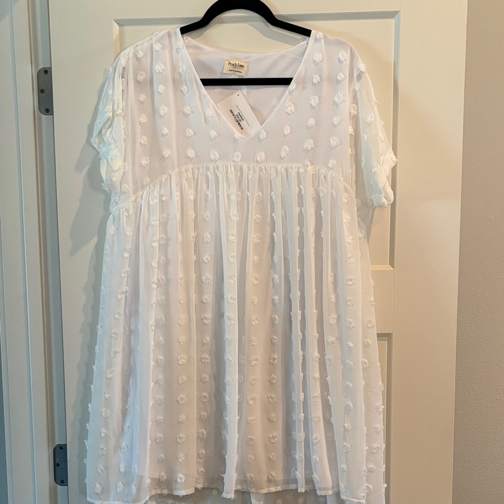 Peach Love California White Pom-Pom V-Neck Casual Dress